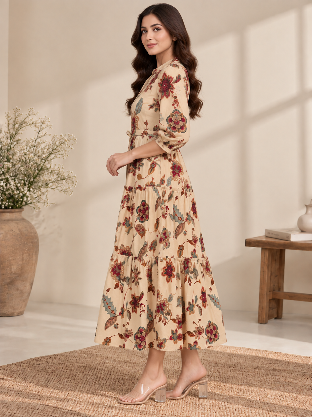 Cream Floral Printed Gathered A-Line Midi Dress | Claura