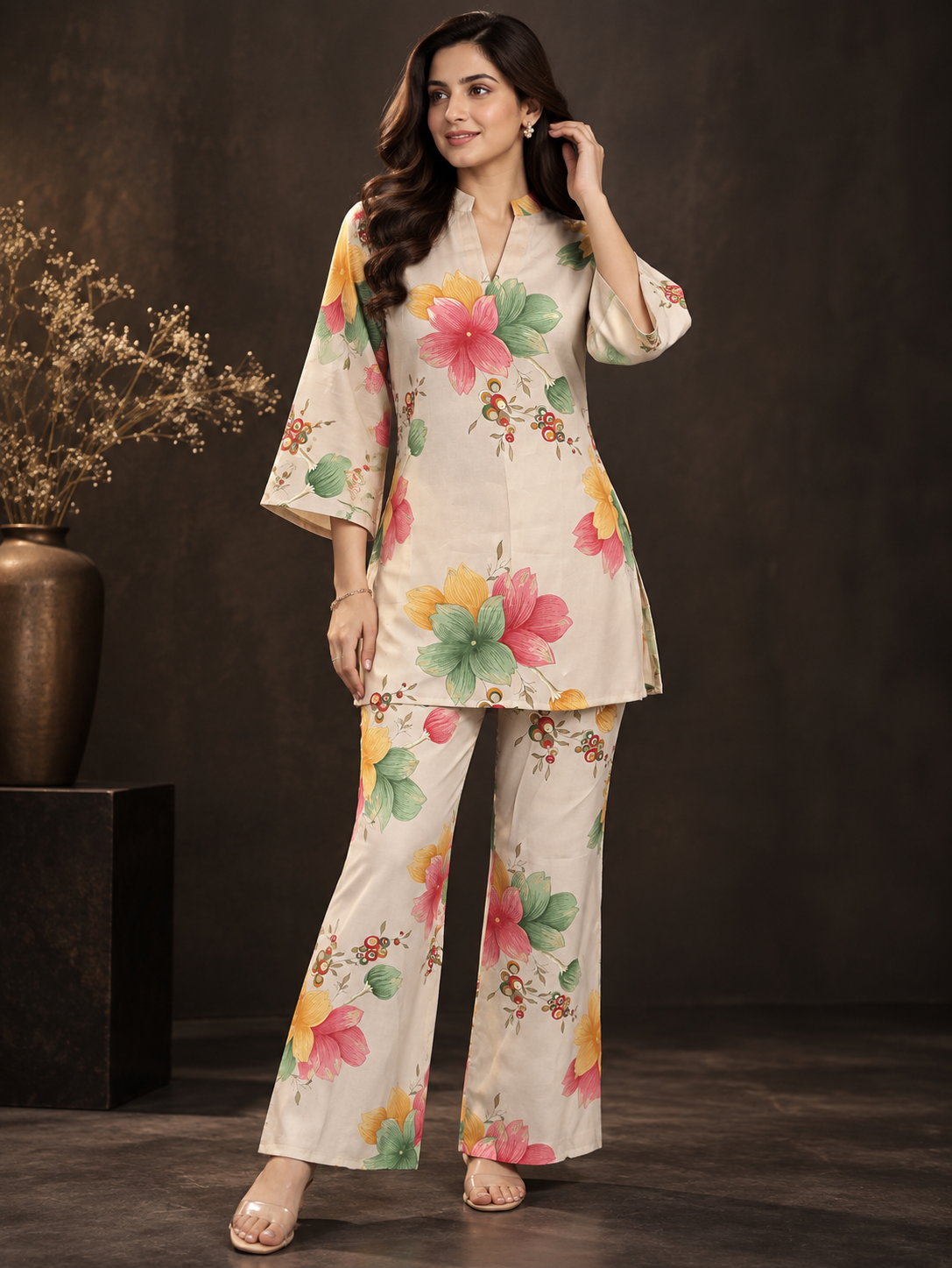 Multicolour Floral Reverie Printed Tunic with Palazzos | Claura