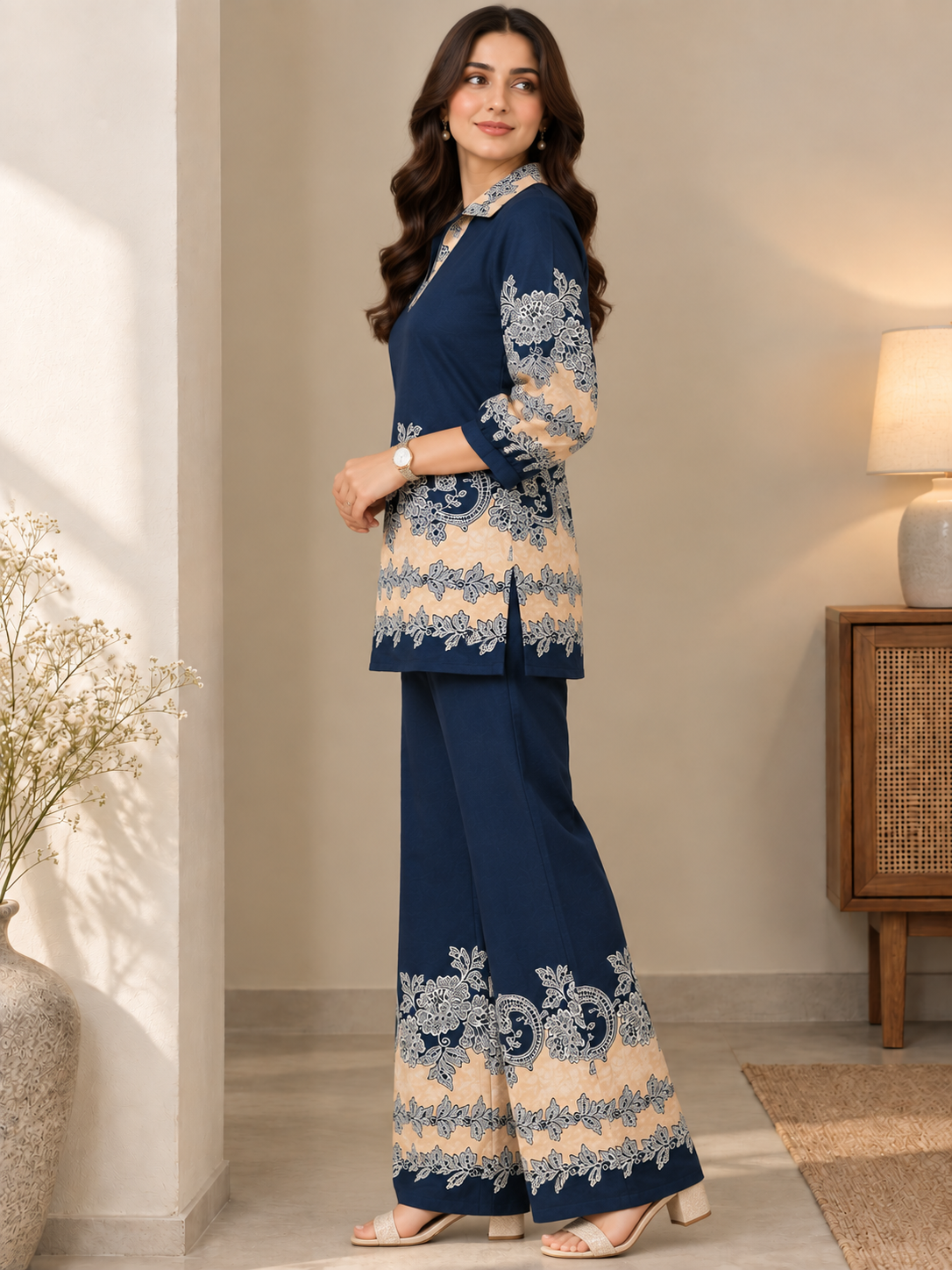 Navy Blue & Beige Floral Printed Tunic with Matching Palazzo Set | Claura