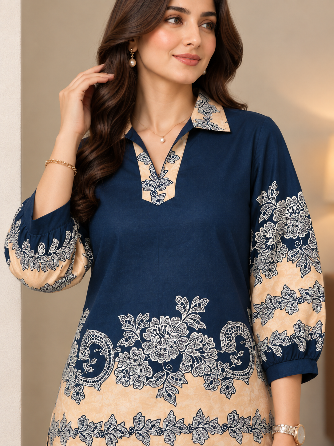 Navy Blue & Beige Floral Printed Tunic with Matching Palazzo Set | Claura