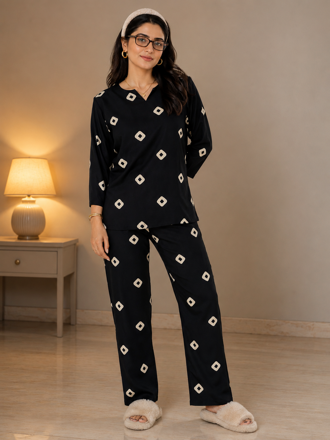 Black Ivory Motif V-Neck Rayon Night Suit For Women | Women
