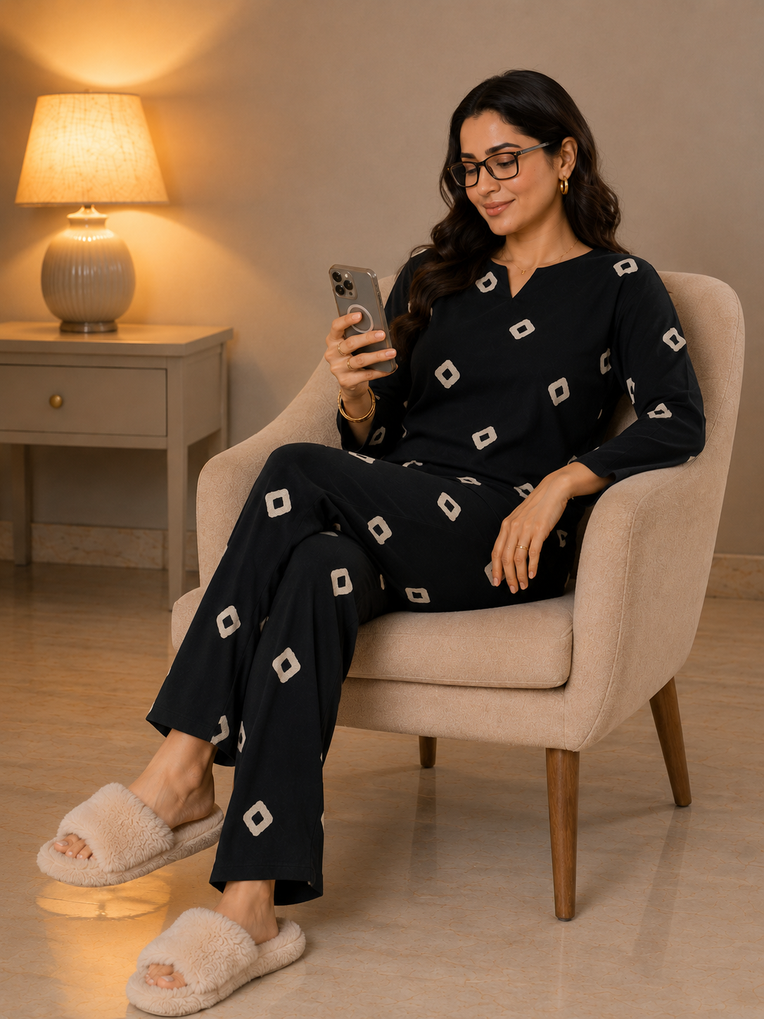 Black Ivory Motif V-Neck Rayon Night Suit For Women | Women