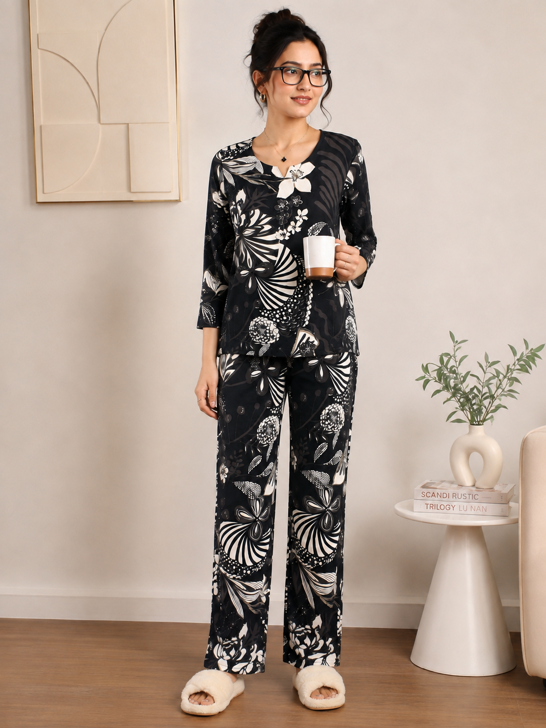 Black Floral Printed Night Suit with V-Neck For Women | Claura