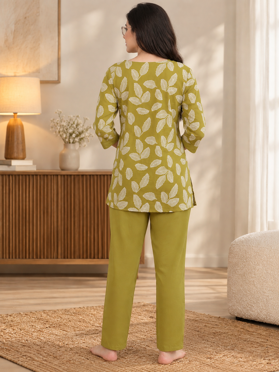 Green Leaf Print V-Neck Comfort Night Suit Set For Women | Claura