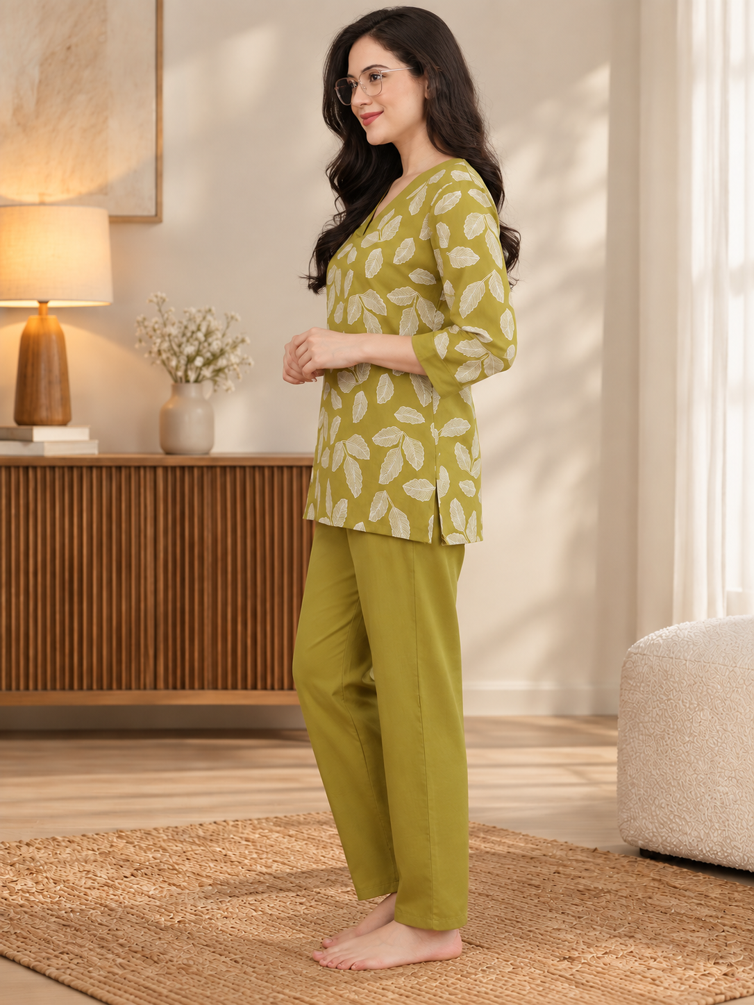 Green Leaf Print V-Neck Comfort Night Suit Set For Women | Claura