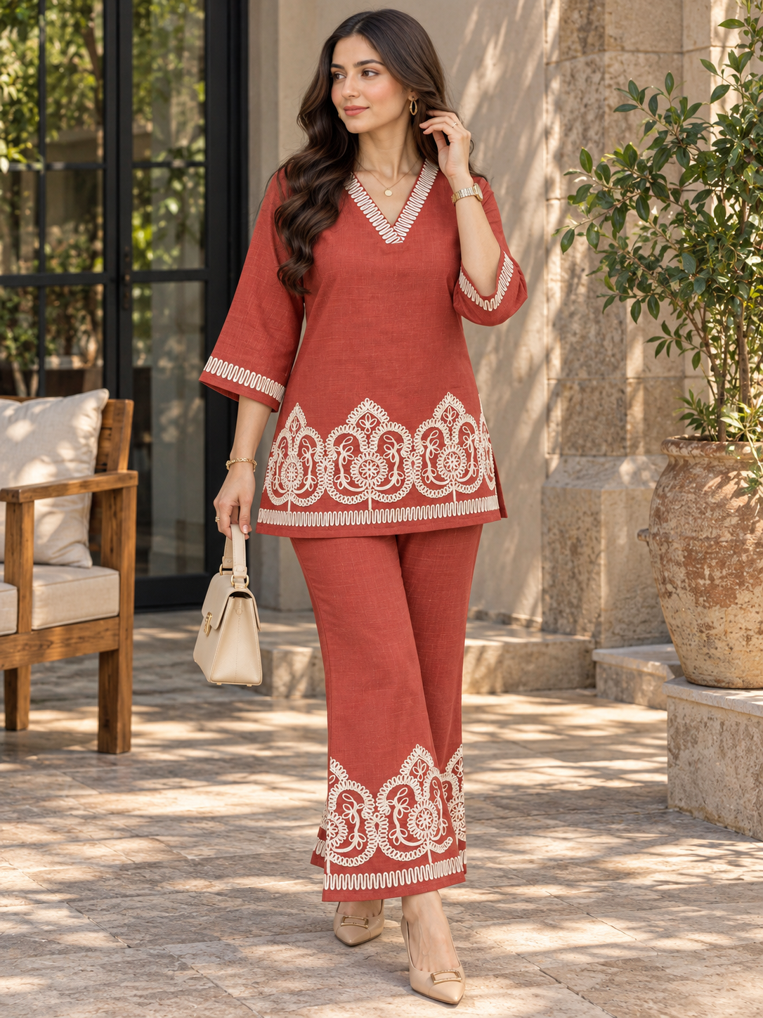 Rust & Cream Floral Embroidered Tunic with Palazzos | Claura