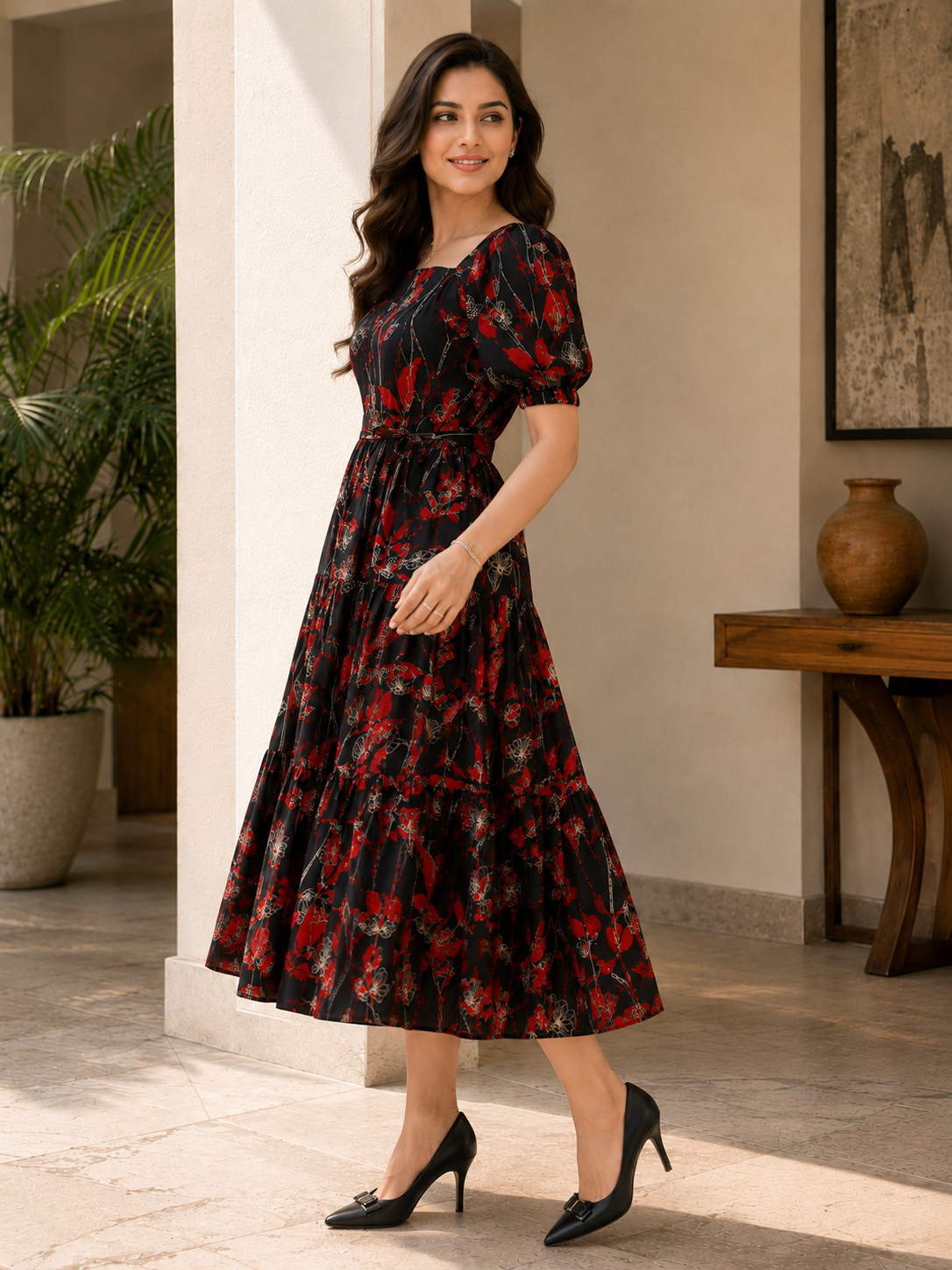 Red Floral Print Cotton Square Neck A-Line Midi Dress | Claura