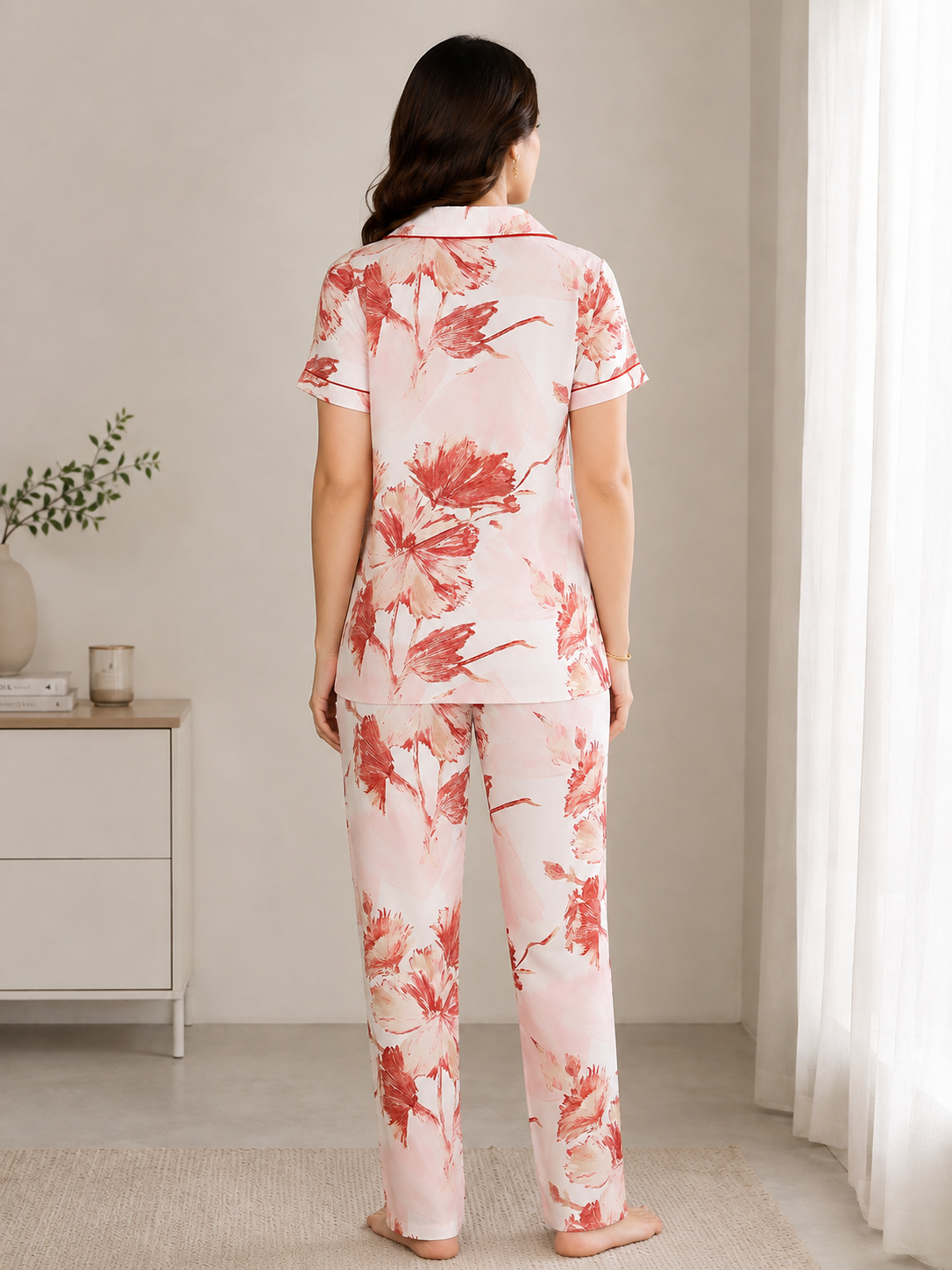 Pink Floral Viscose Rayon Night Suit for Women | Claura