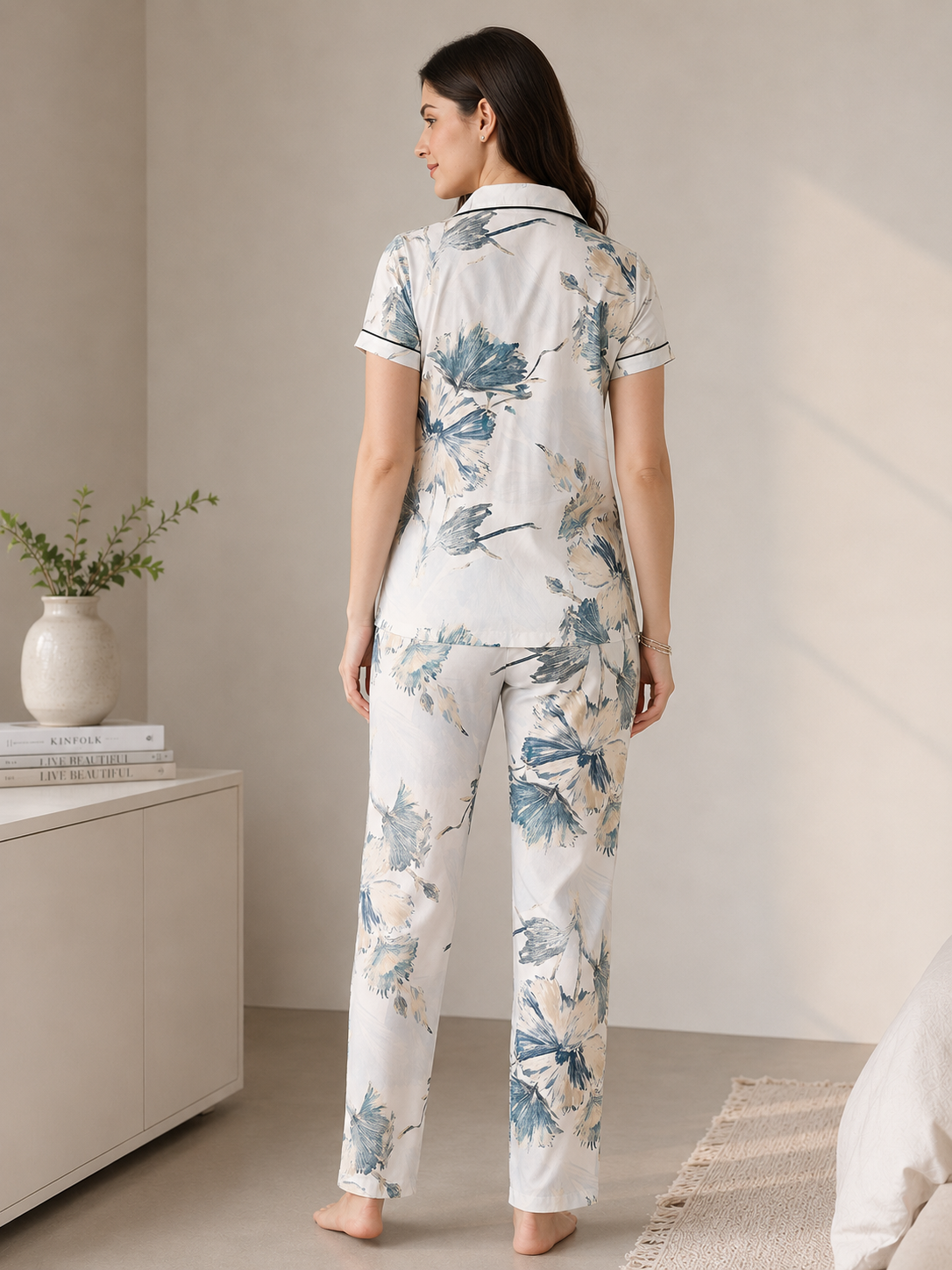 Blue Floral Viscose Rayon Night Suit for Women | Claura