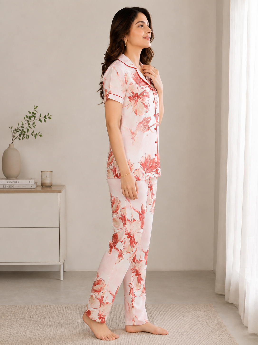 Pink Floral Viscose Rayon Night Suit for Women | Claura