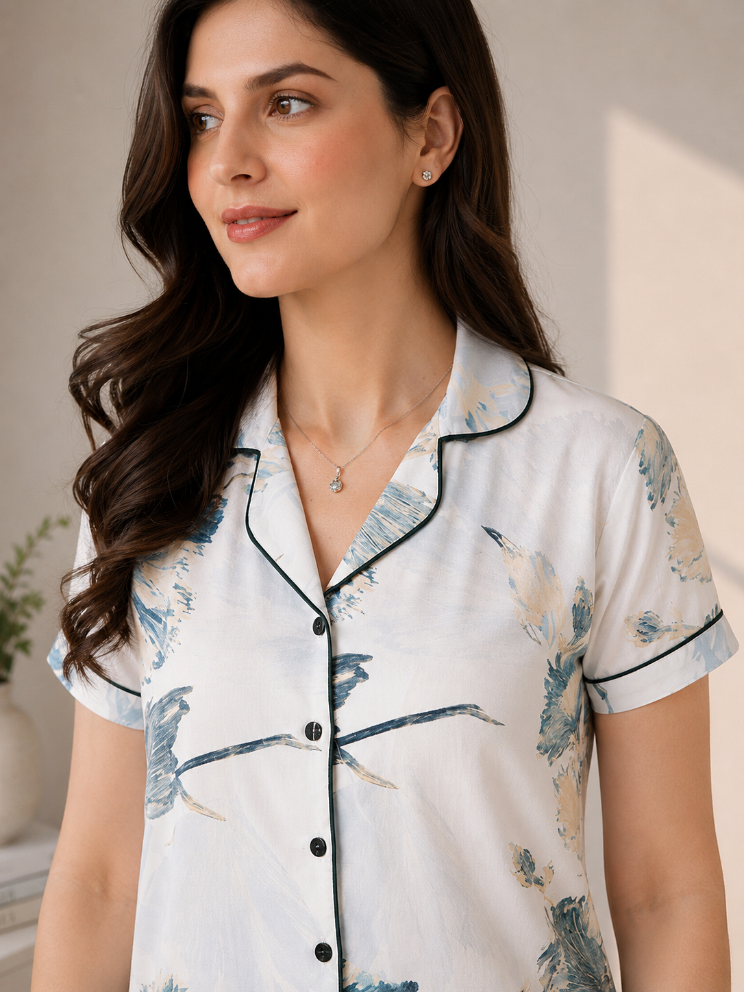 Blue Floral Viscose Rayon Night Suit for Women | Claura