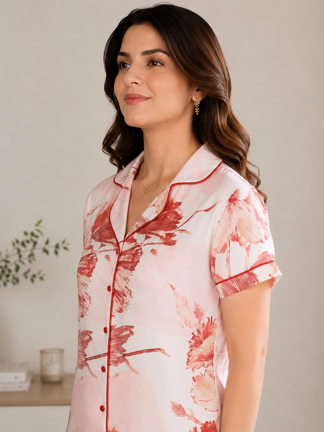 Pink Floral Viscose Rayon Night Suit for Women | Claura