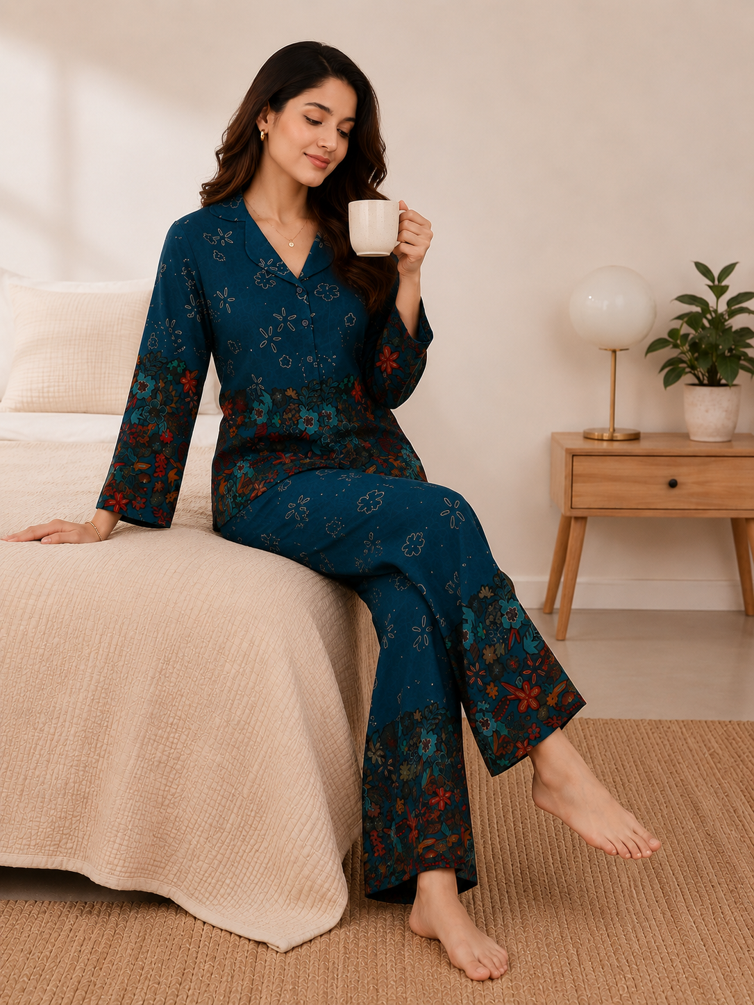Teal Blue Floral Viscose Rayon Night Suit for Women | Claura