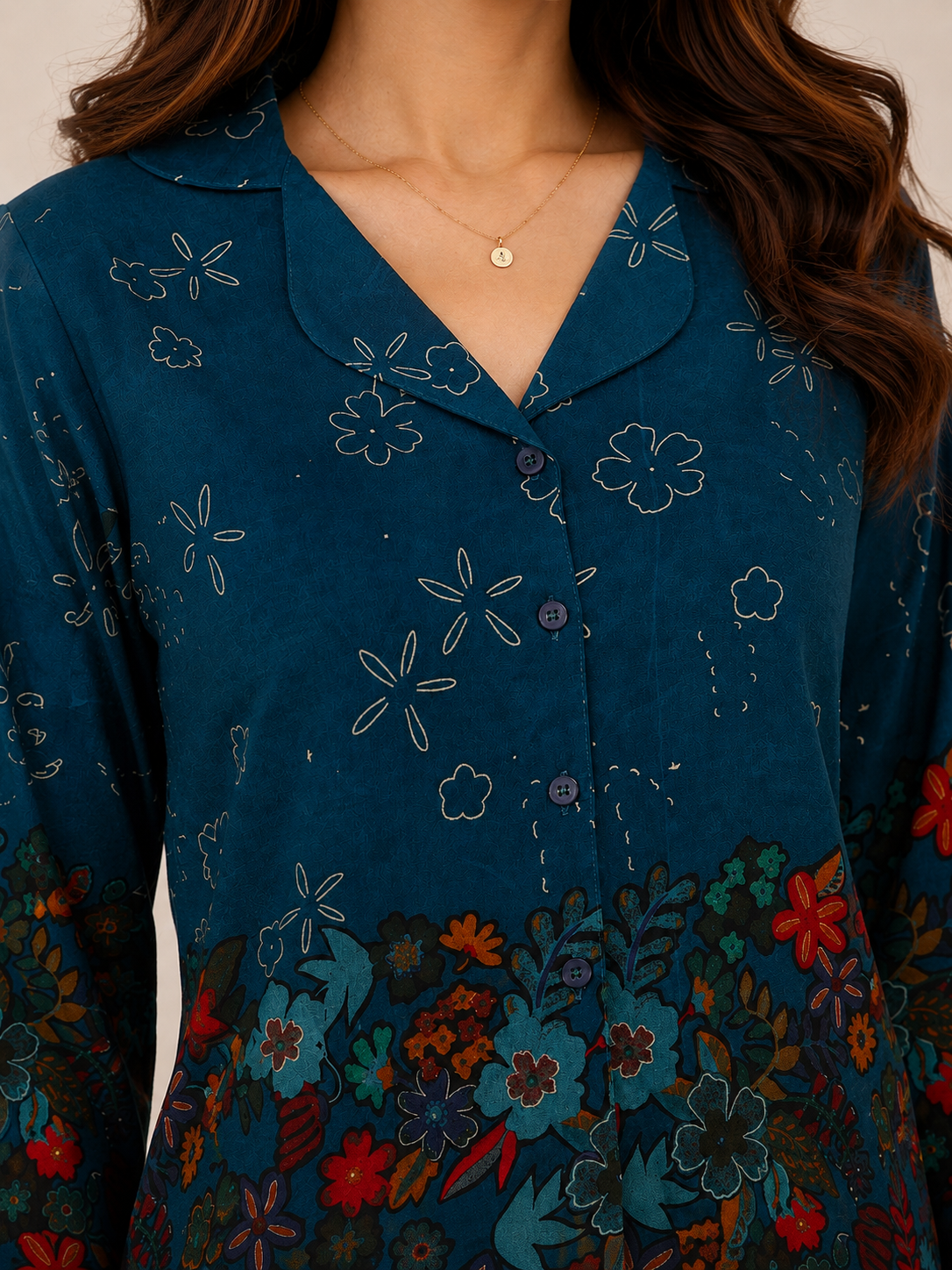 Teal Blue Floral Viscose Rayon Night Suit for Women | Claura