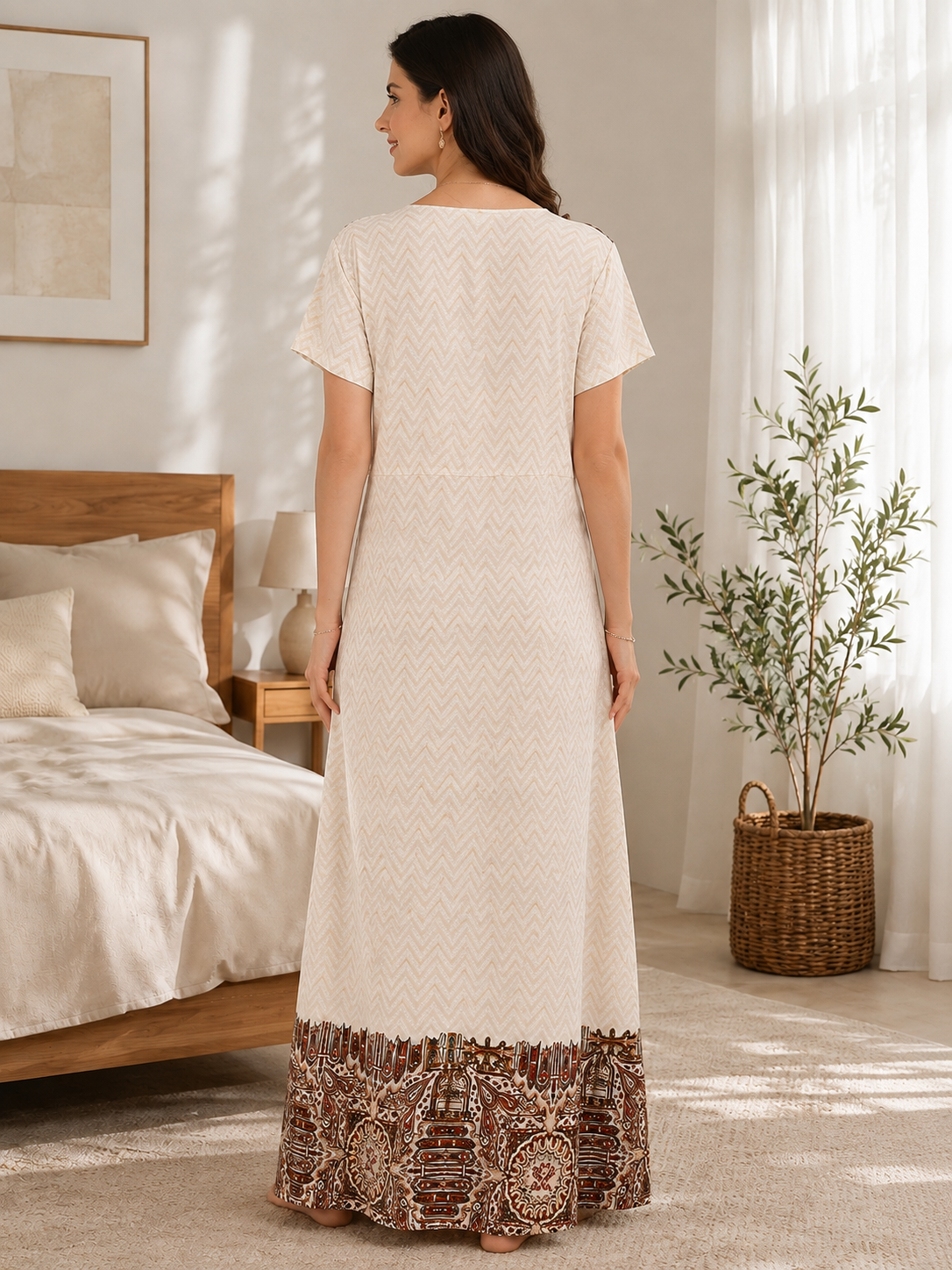 White Color Abstract Printed Viscose Rayon Nighty | Claura