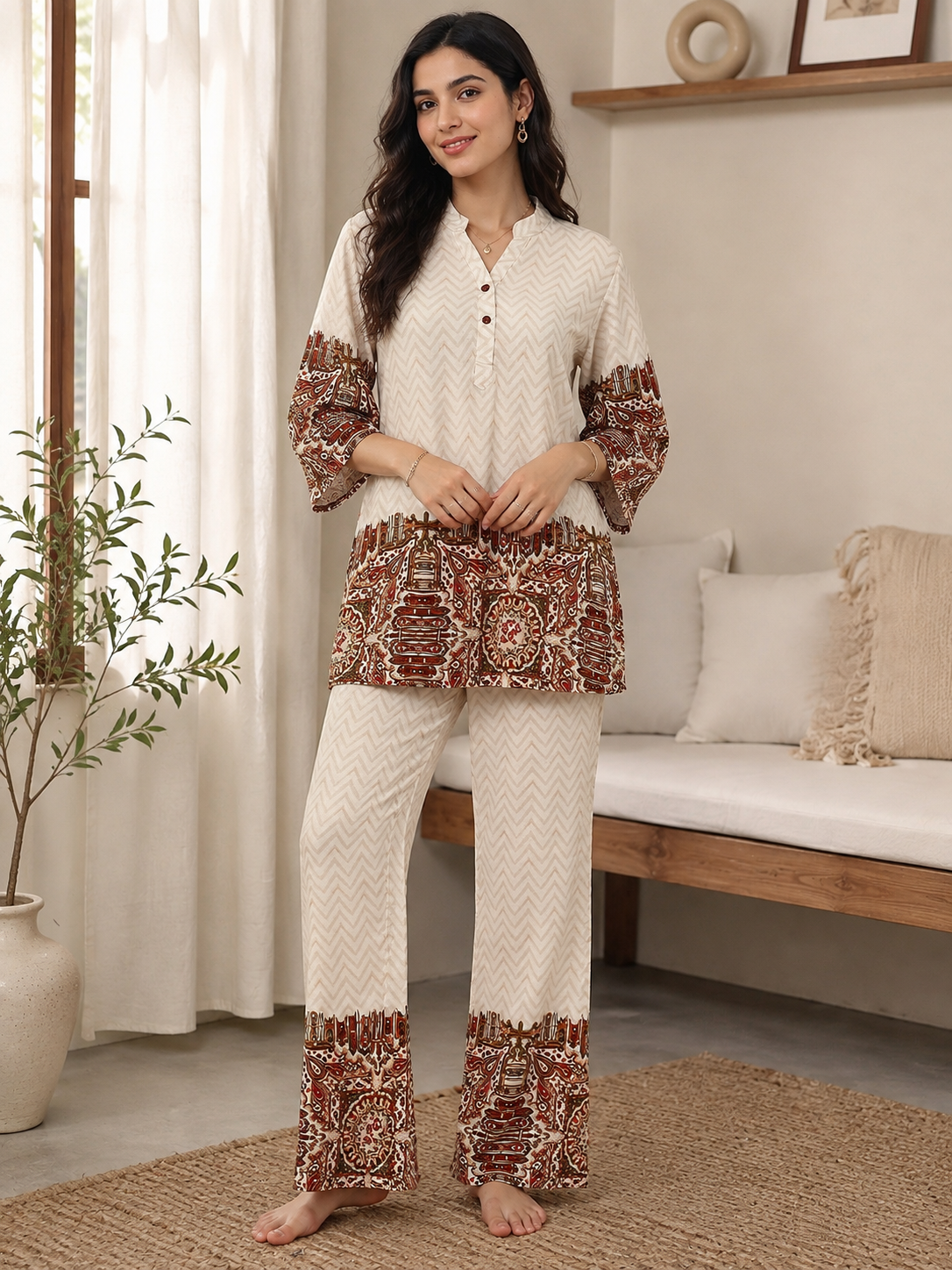 White Viscose Rayon Abstract Printed Co-ord Set for Women