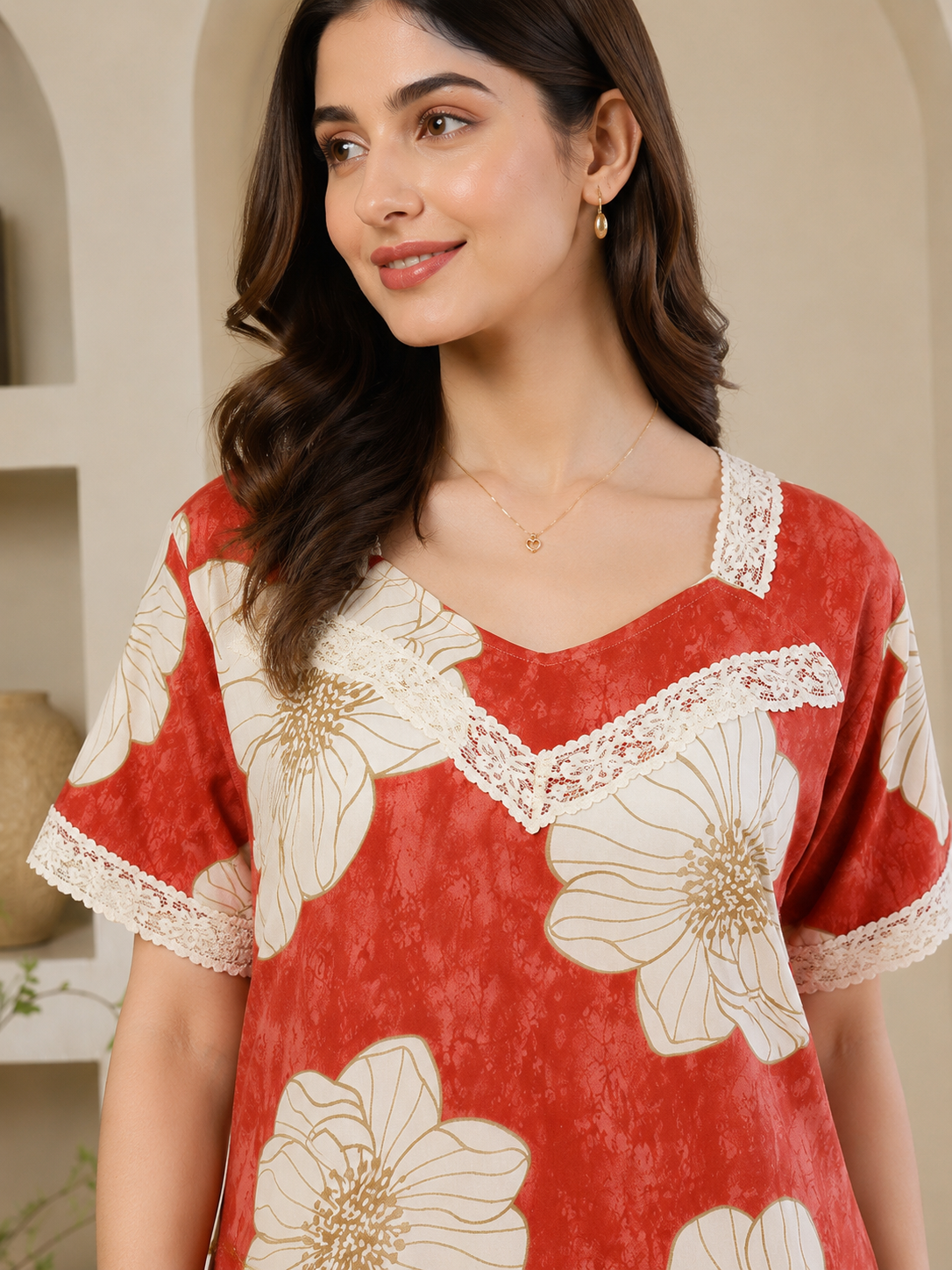 Red Color Floral Printed Viscose Rayon Nighty | Claura