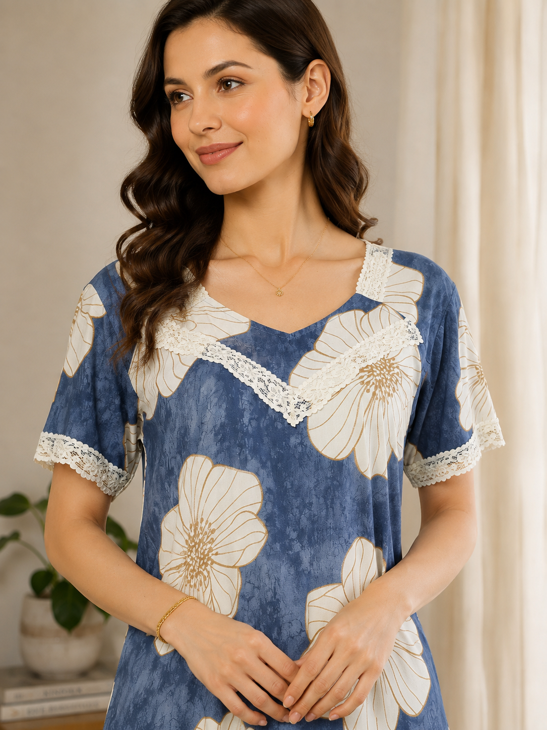 Blue Color Floral Printed Viscose Rayon Nighty | Claura