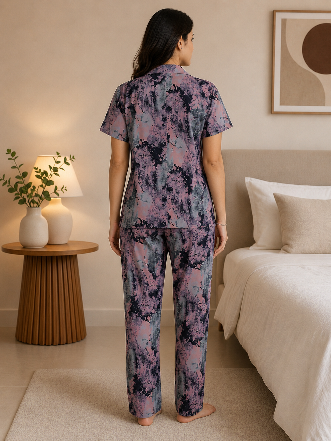 Pink Abstract Viscose Rayon Lapel Collar Night Suit for Women | Claura