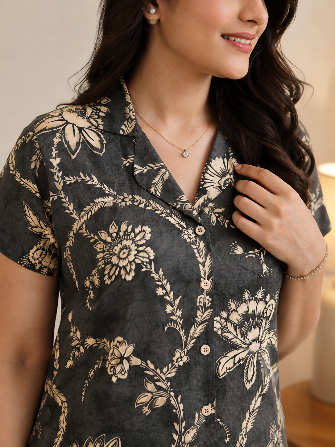 Grey Floral Viscose Rayon Night Suit for Women | Claura
