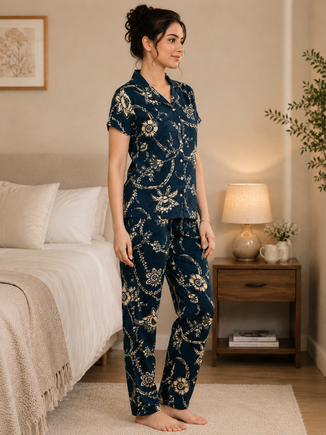 Navy Blue Floral Viscose Rayon Night Suit for Women | Claura