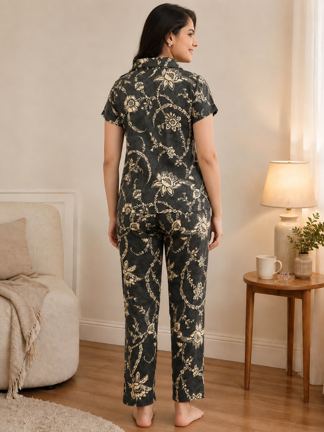 Grey Floral Viscose Rayon Night Suit for Women | Claura