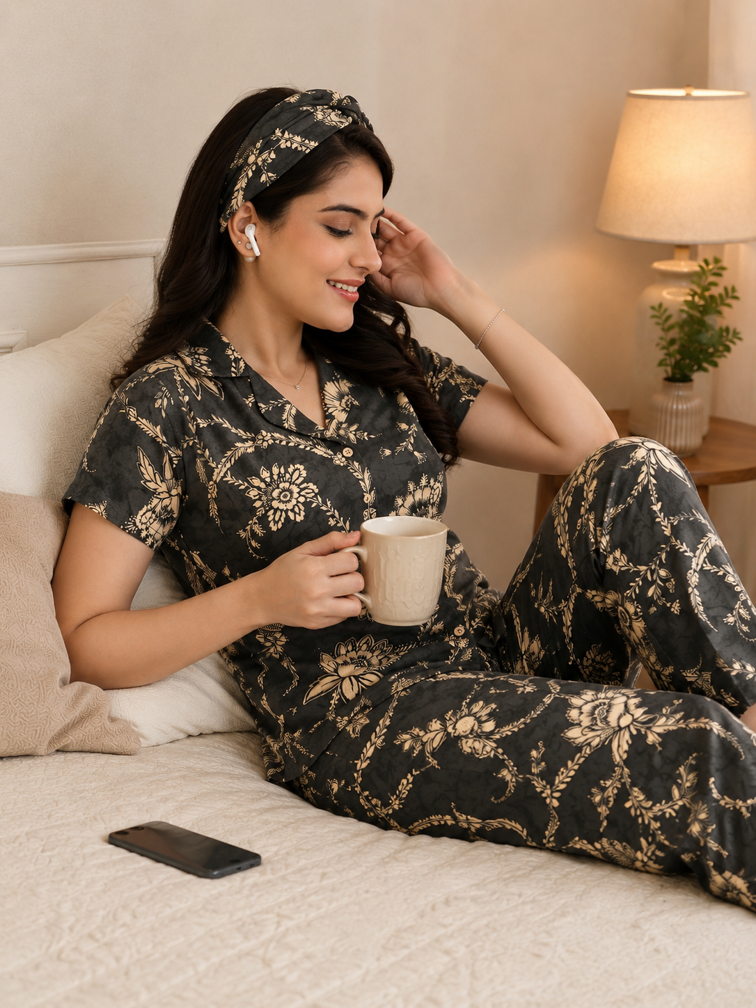 Grey Floral Viscose Rayon Night Suit for Women | Claura