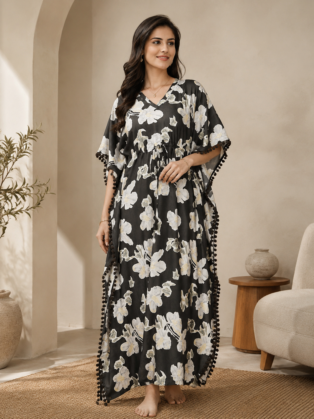 Brown Floral Rayon Kaftan for Women | Maxi | Claura