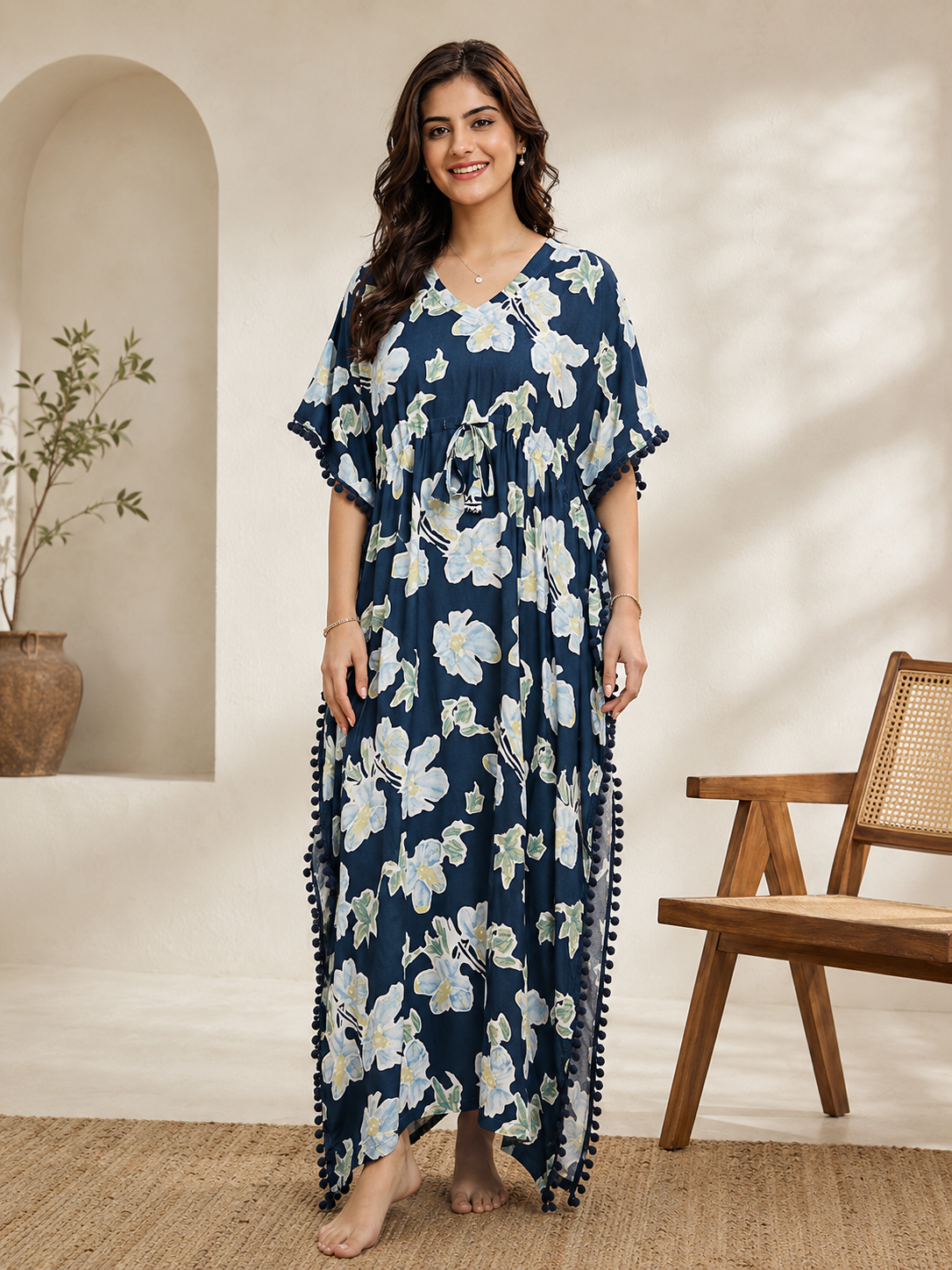 Blue Floral Rayon Kaftan Dress for Women | V-Neck | Claura