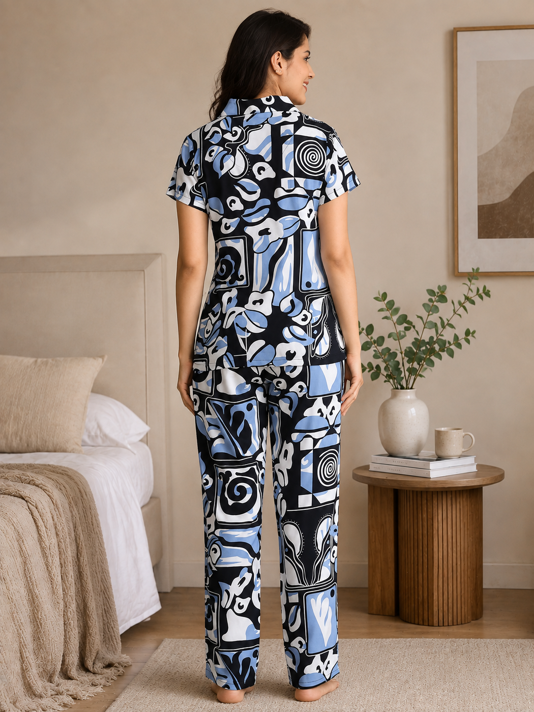 Blue Abstract Viscose Rayon Night Suit for Women | Claura