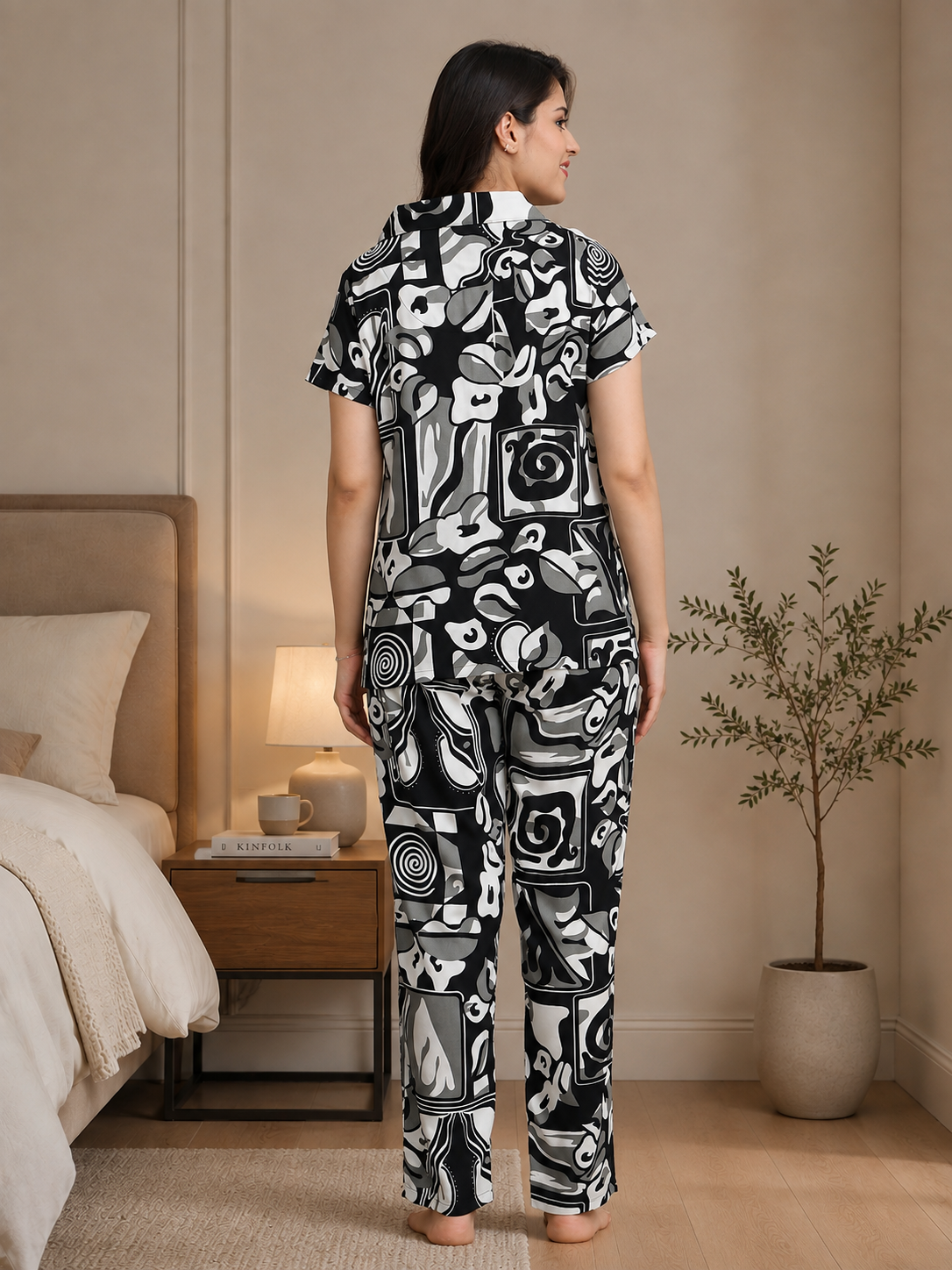 Black Abstract Viscose Rayon Night Suit for Women | Claura