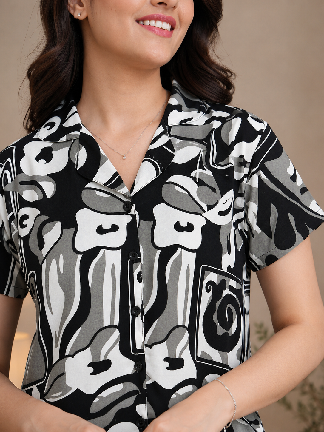 Black Abstract Viscose Rayon Night Suit for Women | Claura