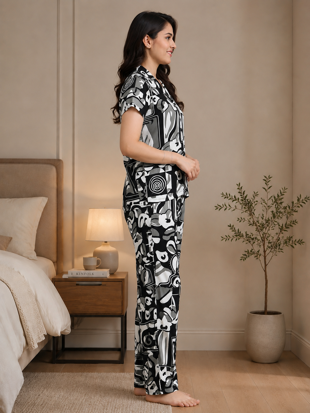 Black Abstract Viscose Rayon Night Suit for Women | Claura