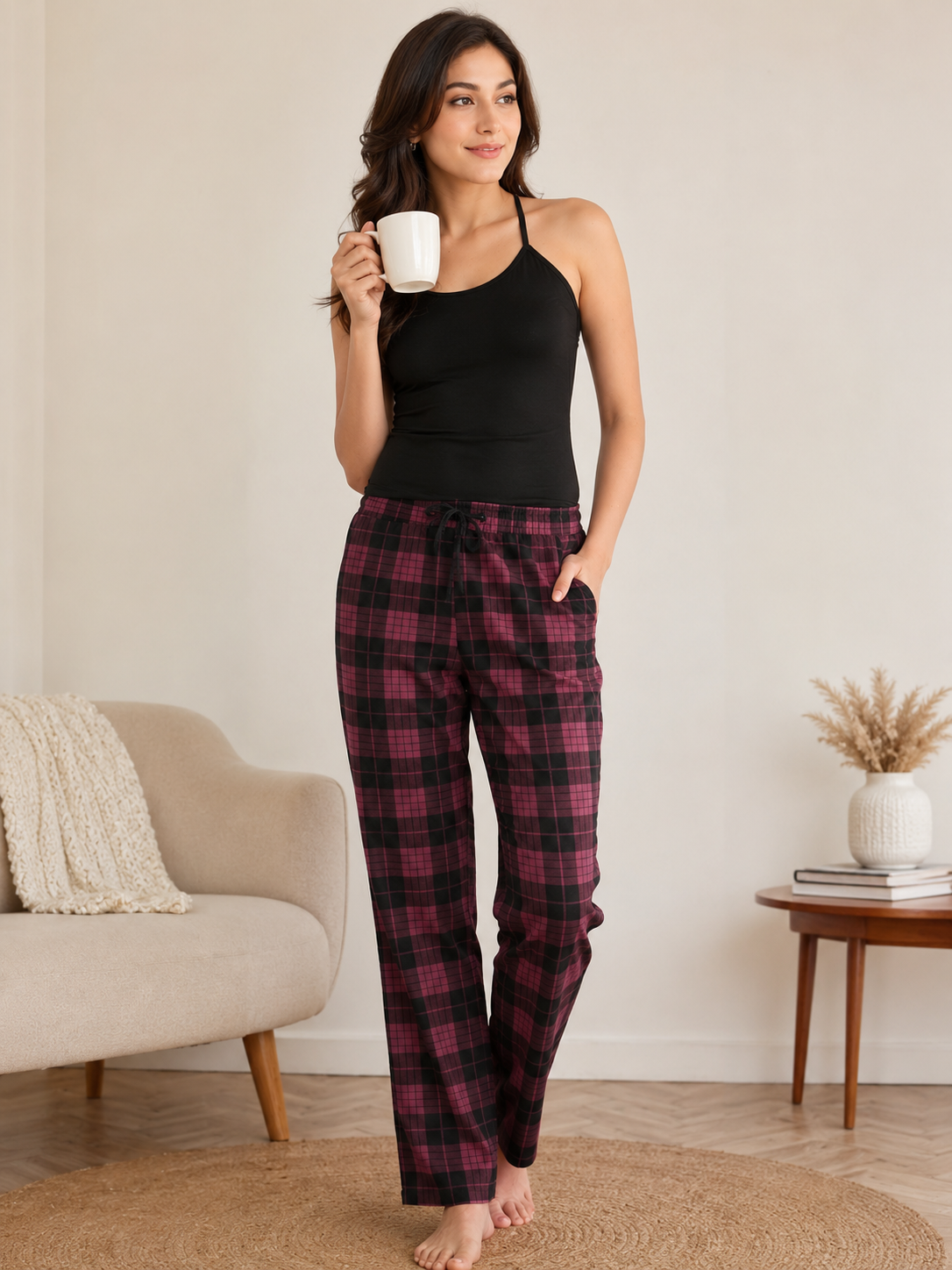 Maroon Abstract Checked Printed Viscose Rayon Pyjamas