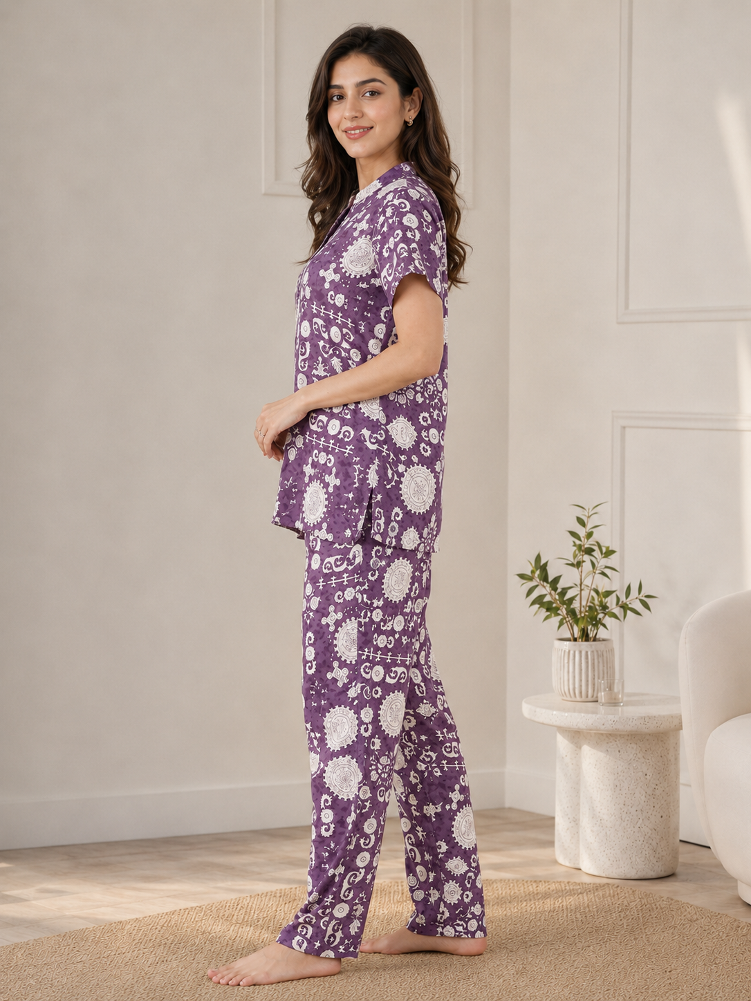 Mauve Color Viscose Rayon Abstract Printed Night Suit for Women | Claura