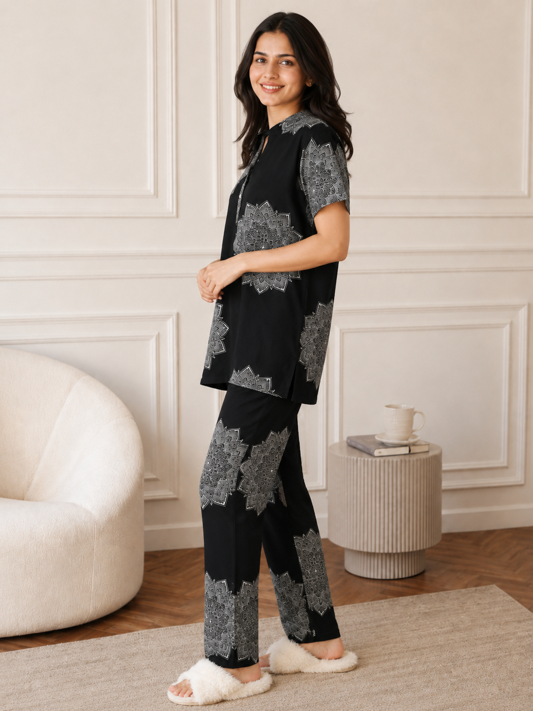 Black Color Abstract Printed Viscose Rayon Night Suit For Women | Claura