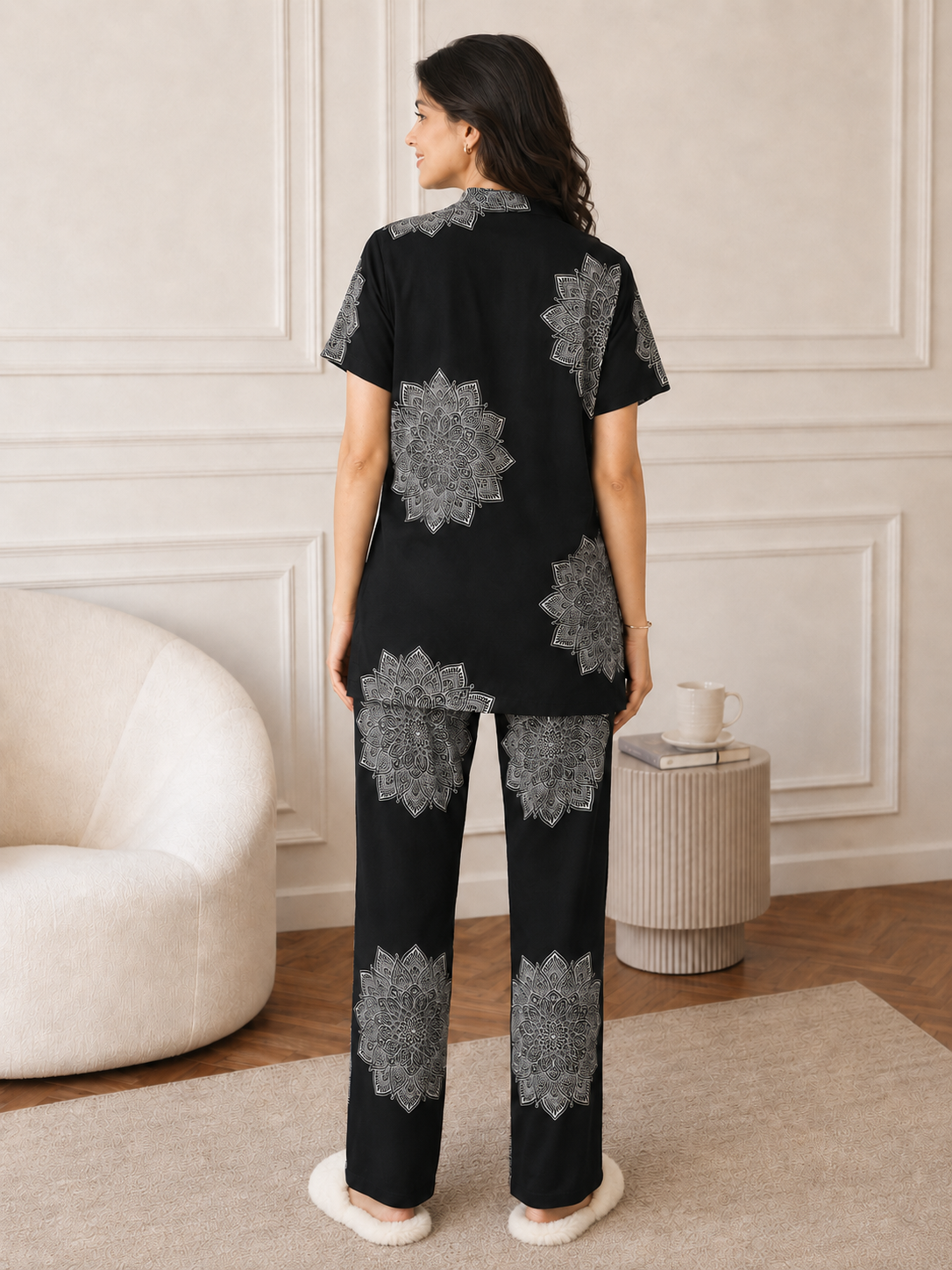 Black Color Abstract Printed Viscose Rayon Night Suit For Women | Claura