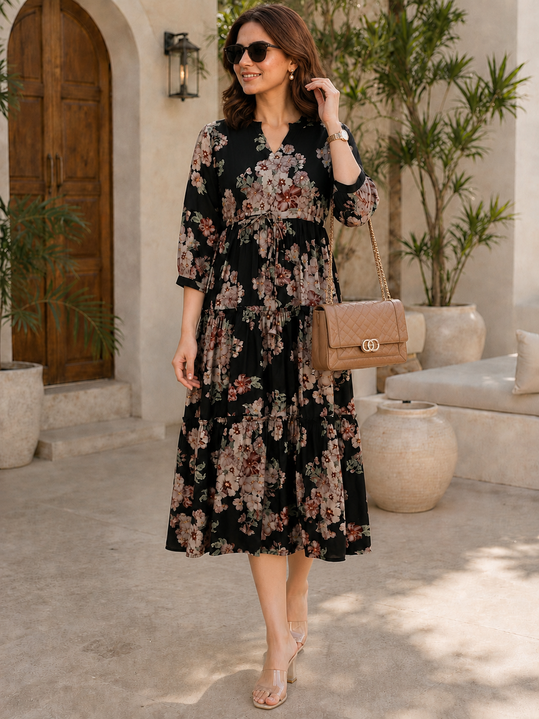 Black Floral Printed Chanderi Silk Dress for Women | Claura