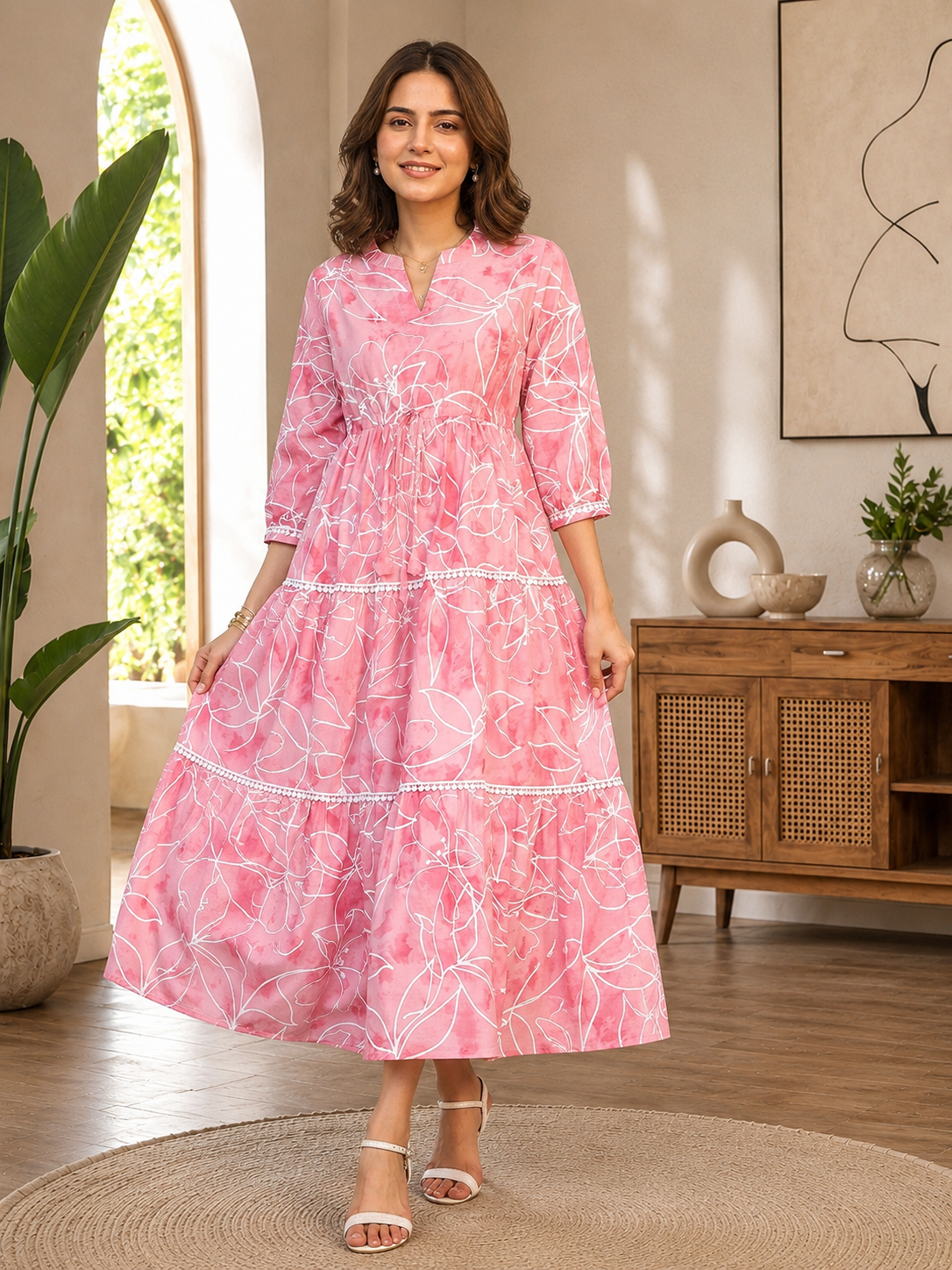 Pink Cotton Floral Printed Dresses for Women | Claura
