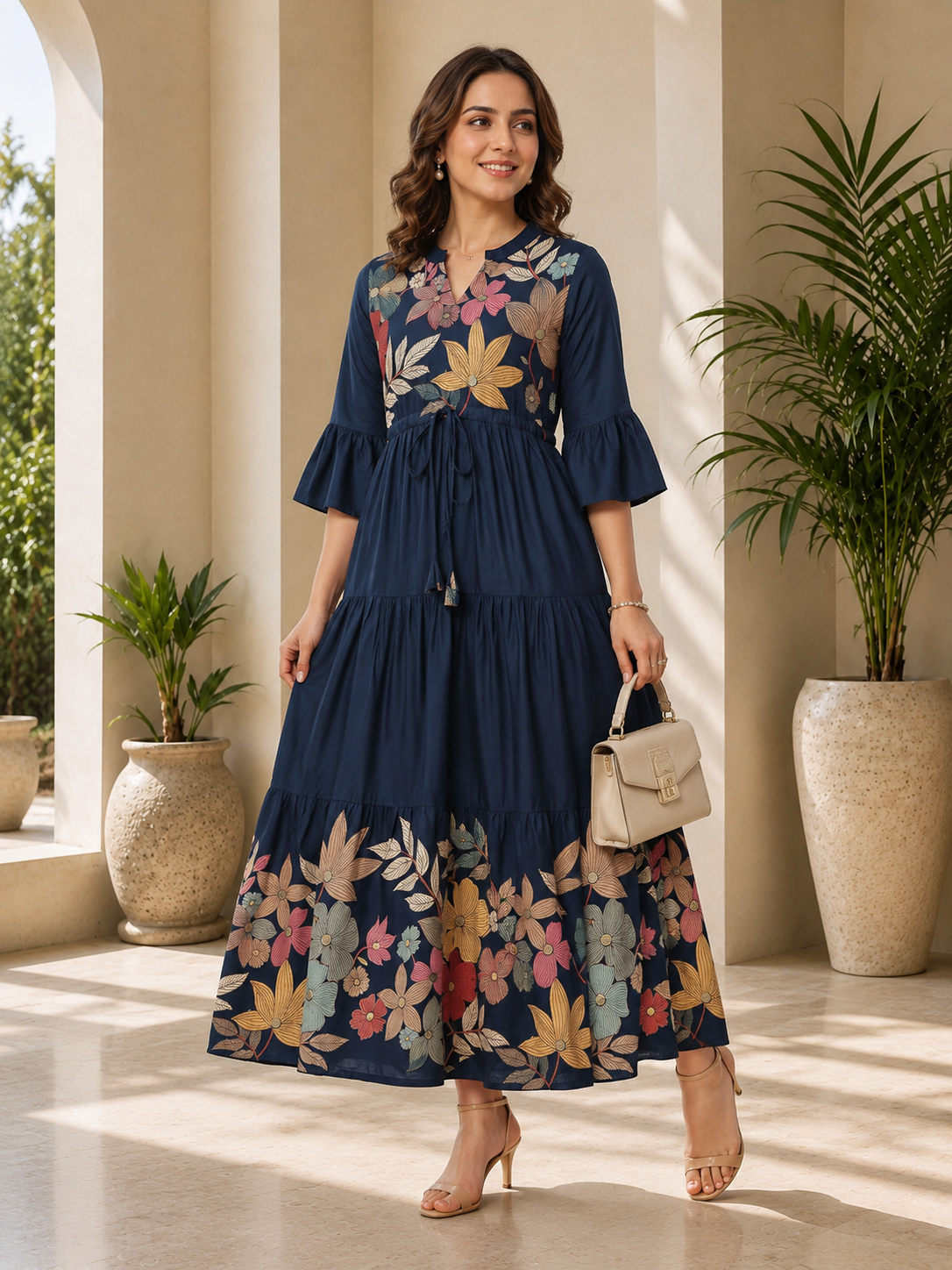 Blue Viscose Rayon Floral Printed Dress for Women | Claura