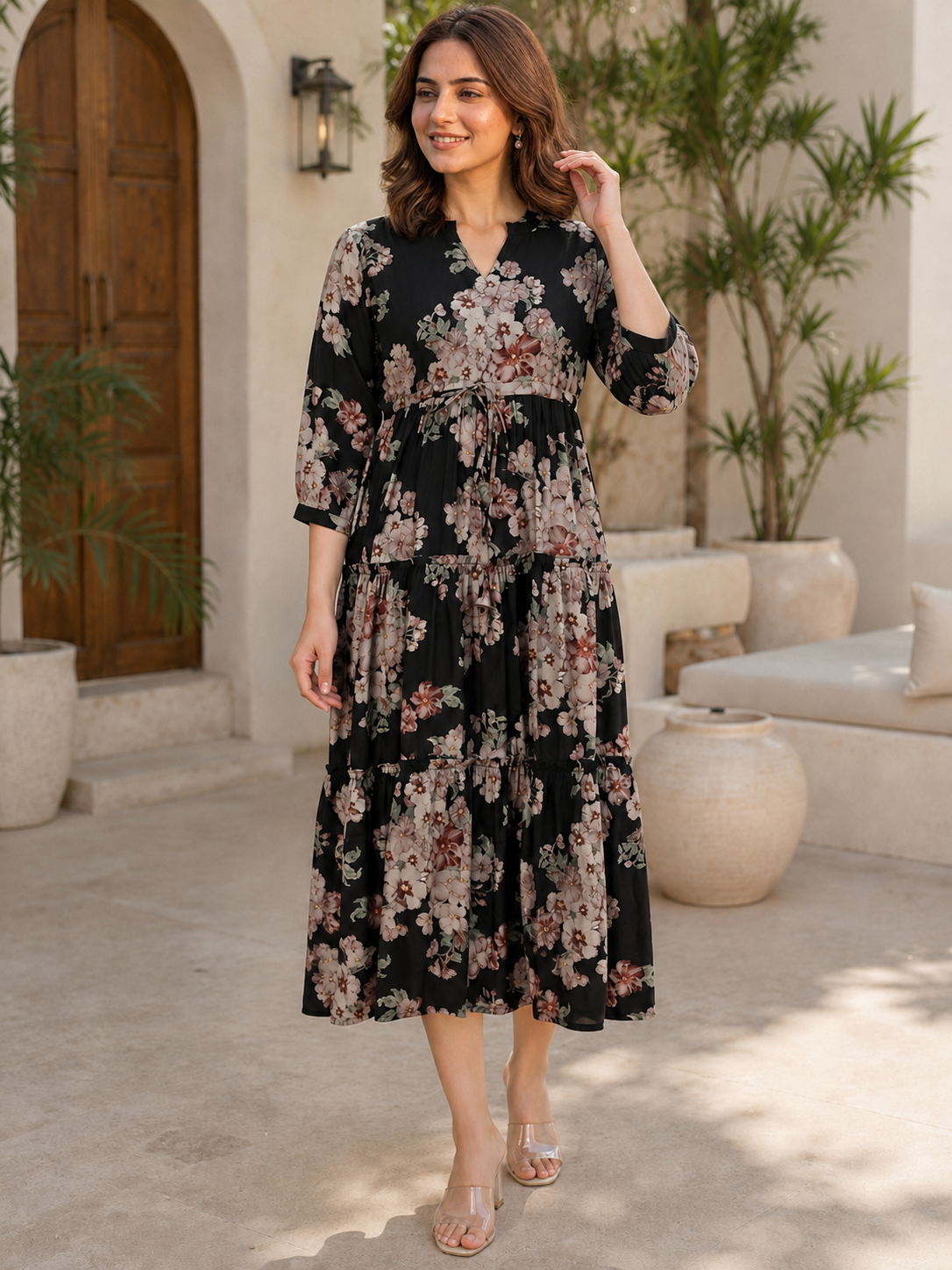 Black Floral Printed Chanderi Silk Dress for Women | Claura