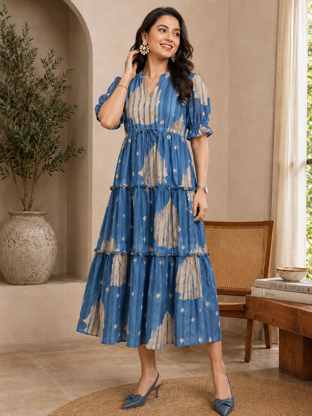 Blue Floral Printed Premium Chanderi Mandarin Collar Dress for Women | Claura