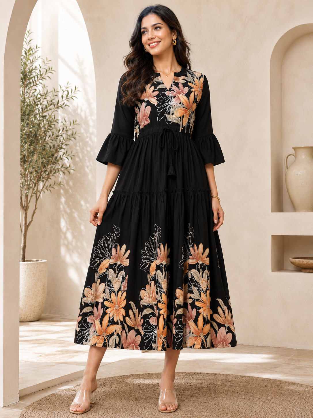 Black Viscose Rayon Floral Printed Dress for Women | Claura