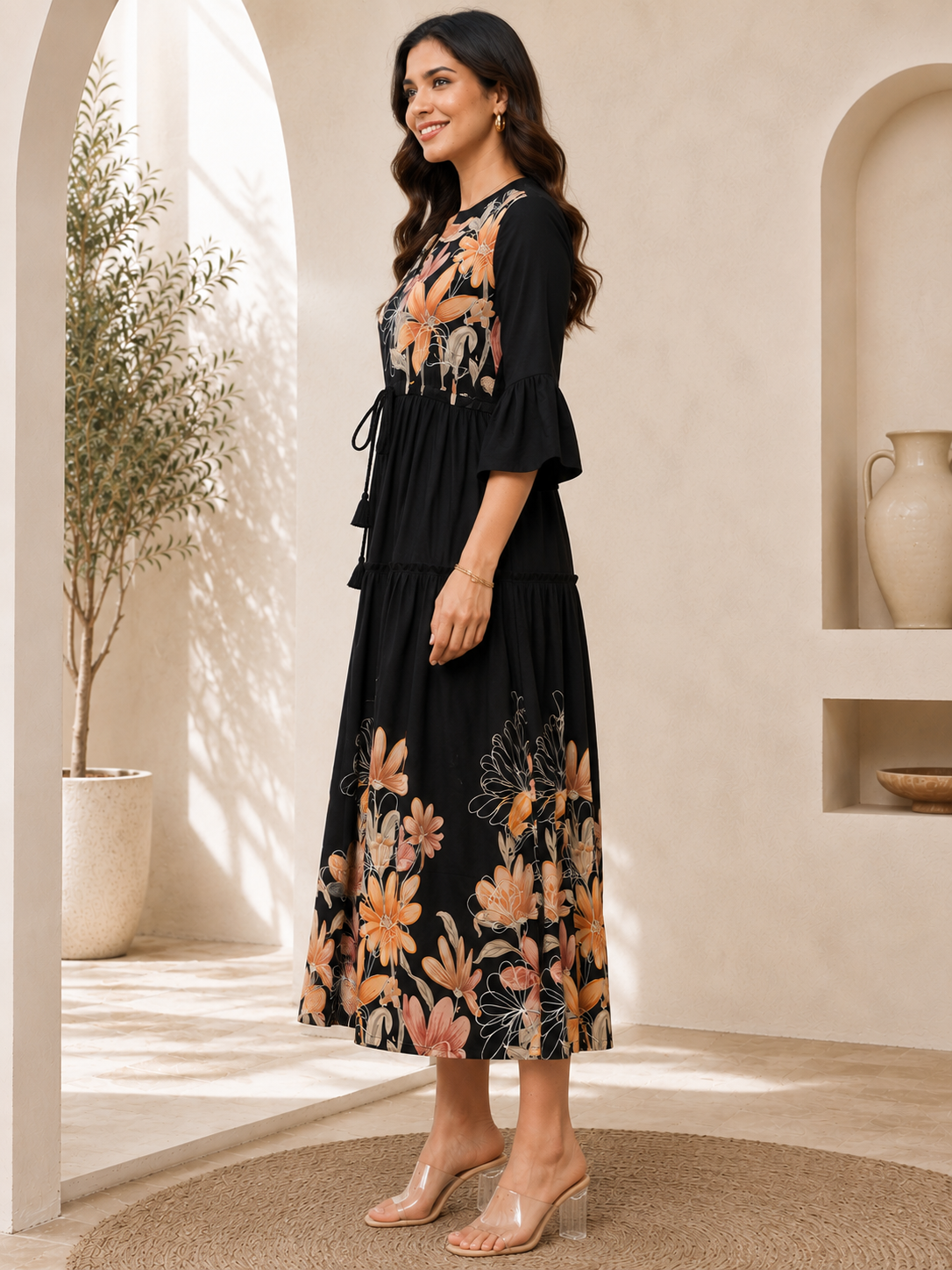 Black Viscose Rayon Floral Printed Dress for Women | Claura