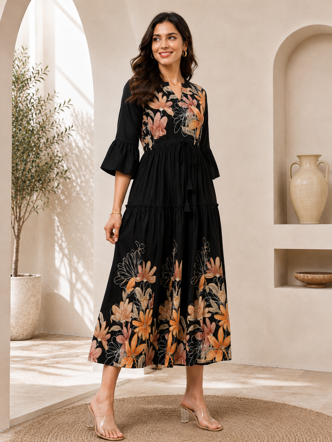 Black Viscose Rayon Floral Printed Dress for Women | Claura