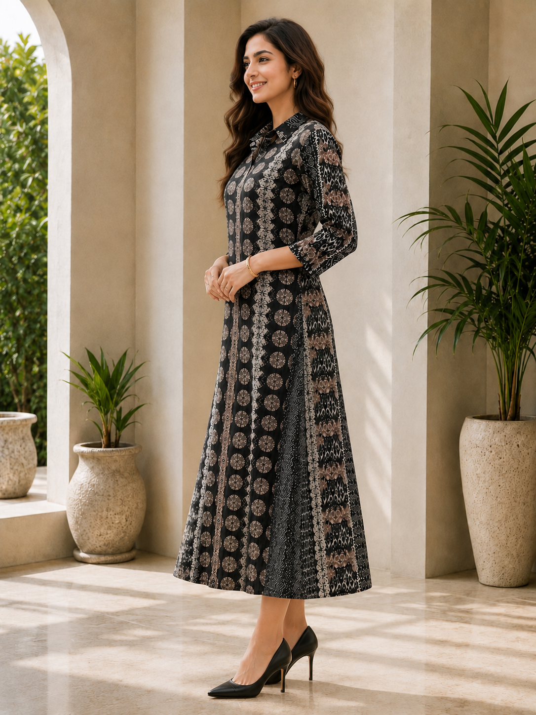 Black Chanderi Silk Abstract Printed Dress for Women | Claura