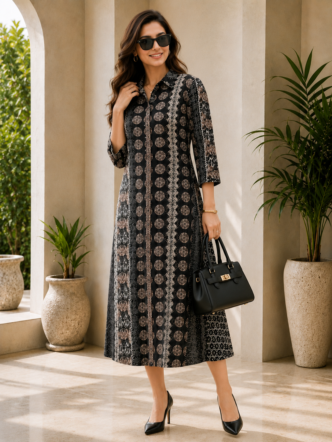 Black Chanderi Silk Abstract Printed Dress for Women | Claura