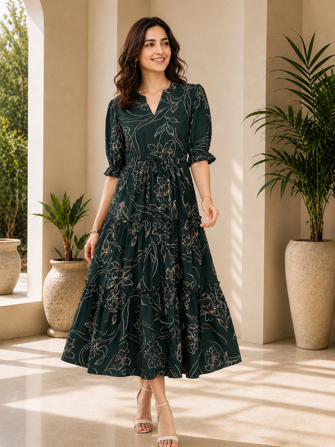 Green Floral Printed Premium Chanderi V-Neck Dress for Women | Claura