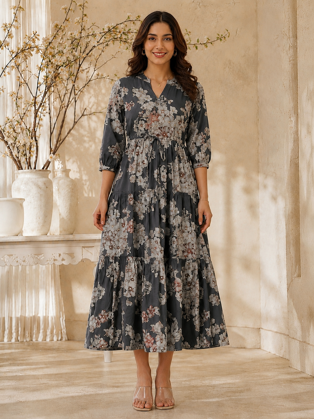 Grey Floral Printed Chanderi Silk Dress for Women | Claura