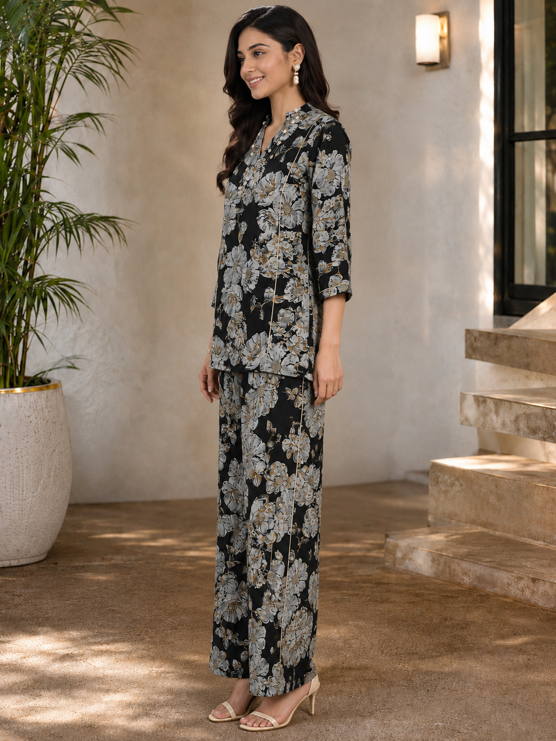 Black Floral Chanderi Silk Co-Ord for Women | Claura
